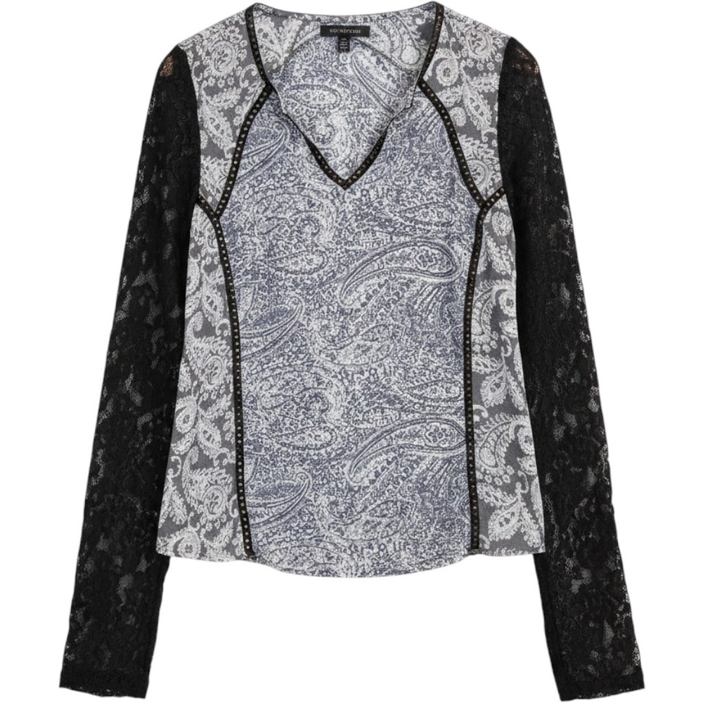 BKE‎ Lace Paisley Embellished Long Sleeve Black Gray Witchy Goth Top